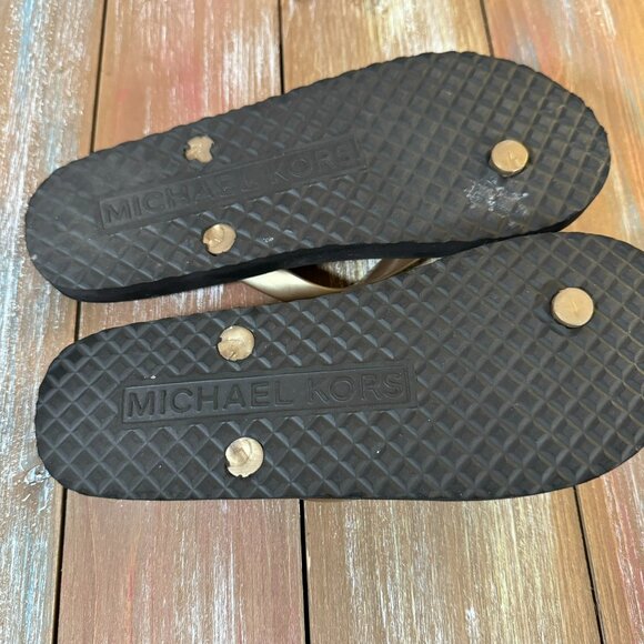 Women's Michael Kors Jet Set Signature Flip Flops Brown/Gold Logo Size 6 - Picture 9 of 12